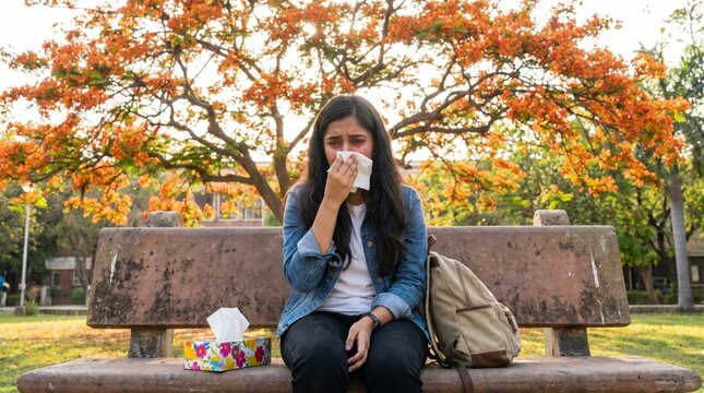 Sick woman sitting on an outdoor park bench under a tree, blowing her nose into a tissue while suffering from severe seasonal spring allergies.