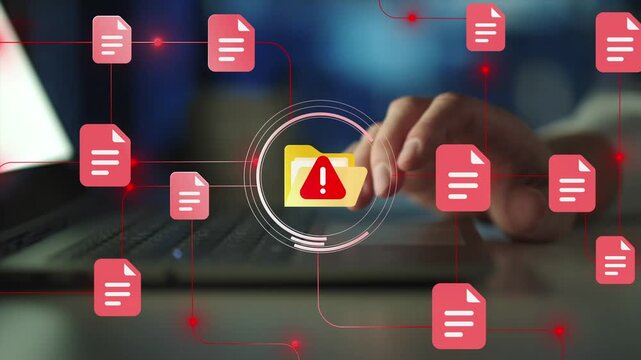 Data breach or information leak due to insider threats or unauthorized access. Confidential files and warning triangle icons.
