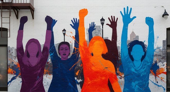 A creatively reimagined version of street mural of women's silhouettes painted in bold colors, hands raised in protest, urban setting, editorial awareness theme, emphasizing style, visual interest, an