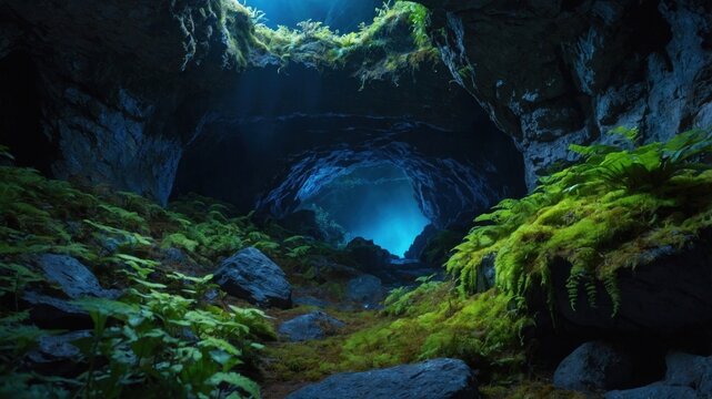 Lush green moss growing inside a dark cavern with blue light