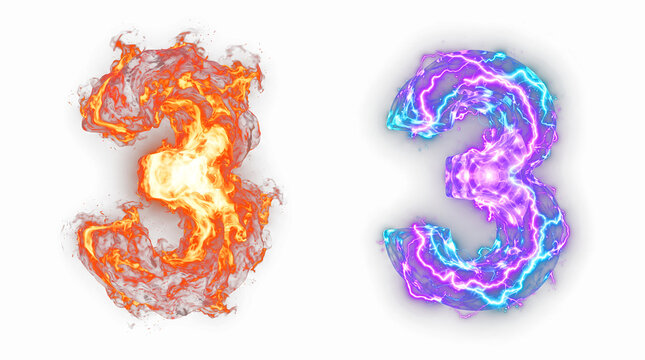Number three rendered with turbulent orange fire and electrifying violet blue storm lightning on isolated transparent background for modern digital typography.