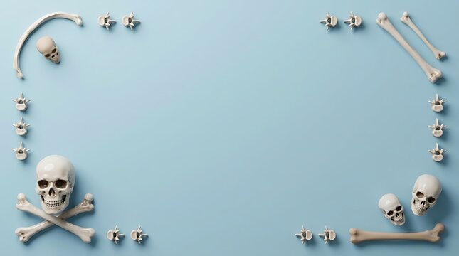 A creative halloween background featuring a frame made of human skulls and bones on a soft blue surface