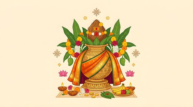 Goddess Lakshmi Vector Illustration Sitting on Throne with Sacred Kalash, Brass Diya Stand, Fruits Offering, Rangoli, and Floral Arch