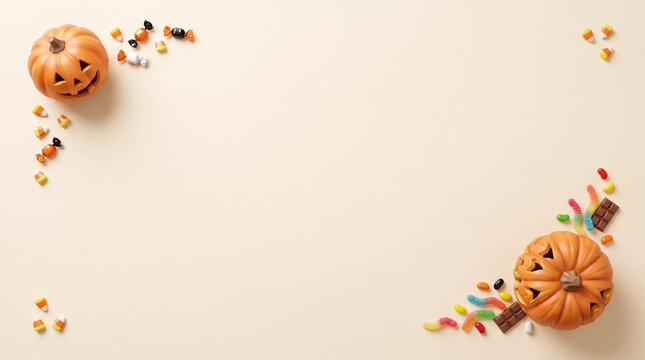 Halloween flat lay with carved pumpkins and colorful candy on a beige background