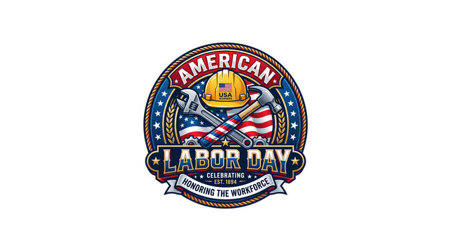Labor Day emblem displays a yellow construction helmet and steel tools against a patriotic American flag design.