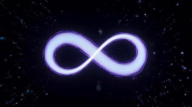 Glowing infinity symbol animation in cosmic space