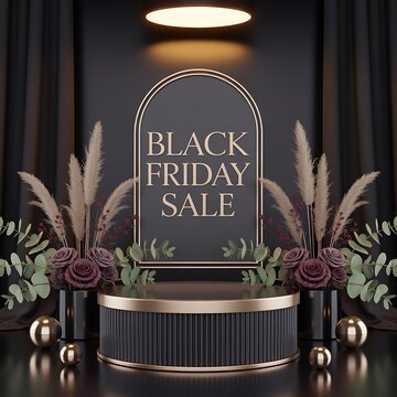 Elegant black friday sale advertisement with floral decorations and golden accents