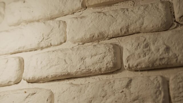 Close up of white stone wall with rough texture and soft lighting showing rectangular blocks arranged in horizontal rows. scene is static throughout focusing on material details and surface