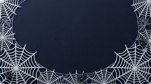 White spider web border on dark background for Halloween flat lay design