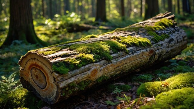 Mossy fallen log resting on sunlit forest floor