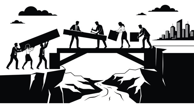 Businesspeople constructing a bridge over a chasm black silhouette style