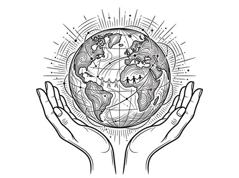 Earth globe in hands line art vector illustration