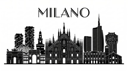Obraz premium Extremely detailed Milan, Italy landmark-rich silhouette with sophisticated MILANO lettering.