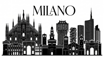 Naklejka premium Extremely detailed Milan, Italy landmark-rich silhouette with sophisticated MILANO lettering.