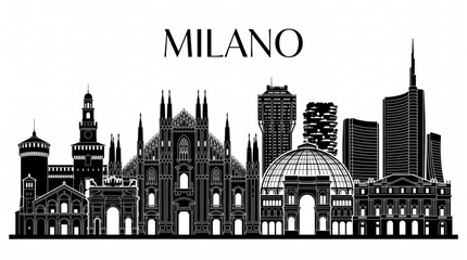 Obraz premium Extremely detailed Milan, Italy landmark-rich silhouette with sophisticated MILANO lettering.