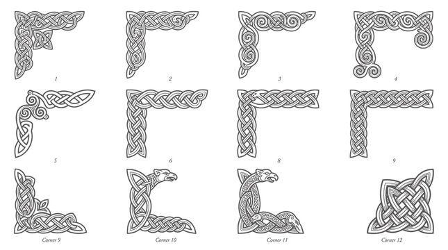 Set of twelve decorative Celtic knotwork corner frames and border elements.