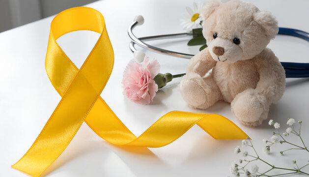 Pediatric leukemia and blood cancer awareness background, teddy bear with yellow ribbon on white. Hope for cure in children oncology, Blood disorder and leukemia in children, Childhood cancer awarenes