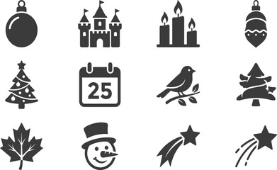 Fototapeta premium Comprehensive Collection of Festive Holiday Icons and Winter Graphics Featuring Ornaments, Snowman, Pine Trees, Shooting Stars, Candles, and December Calendar for Seasonal Web and Print