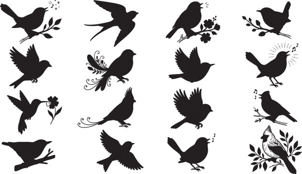 Black Bird Silhouette Vector Icon Set Featuring Flying Hummingbird Singing Nightingale Swallow and Cardinal for Nature Wildlife and Graphic Logo Designs