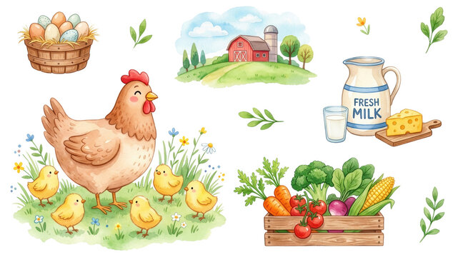 Watercolor farm set with hen and chick, egg basket, red barn landscape, fresh milk jug with cheese and vegetable crate on transparent background. Cute rural summer illustration for kid book.