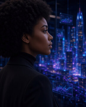Profile of Black businesswoman looking at holographic city lights