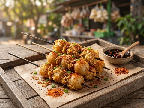 Indonesian Cilor, Fried Tapioca and Egg Skewer Street Food