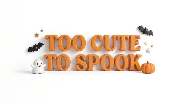 A festive halloween greeting with the text too cute to spook featuring a cute ghost a small pumpkin and flying bats on white background
