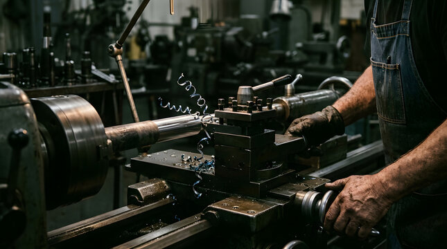 Machinist operating metal lathe machine to shape steel rod with blue metal shavings.