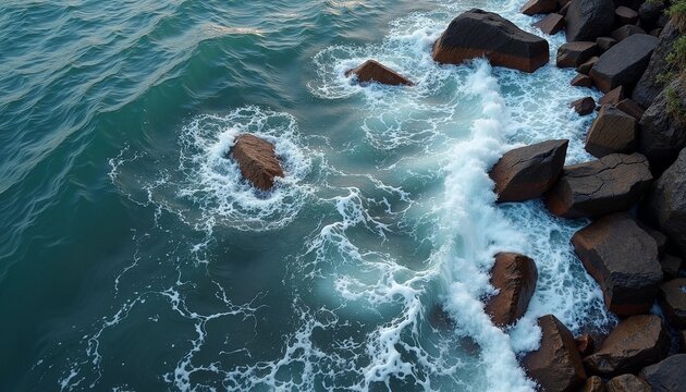 Ocean waves crashing on rocky shore with foam and calm blue water. Coastal scenery features large stones surrounded by flowing waves and marine currents.