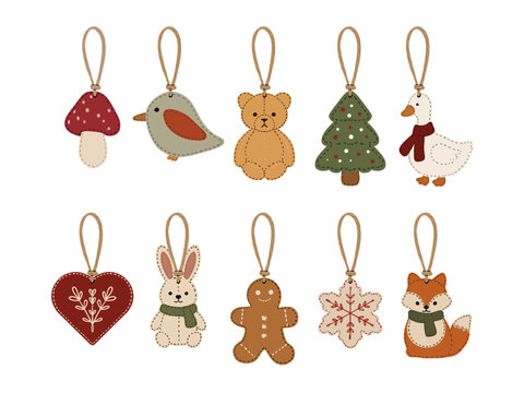 Christmas Felt Ornaments Set - Hand Drawn Textile Holiday Decorations