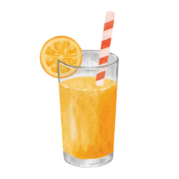 Watercolor Orange Juice Illustration Isolated on White Background. Perfect for breakfast, beverage menus, cafe, restaurant, book illustration, and food packaging designs.