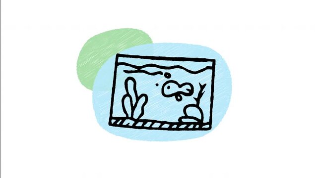 An animated hand-drawn rectangular glass fish tank with corals and aquatic life. Perfect for indoor aquariums, pet fish care, marine hobbies, underwater decor, and home aquascaping. 