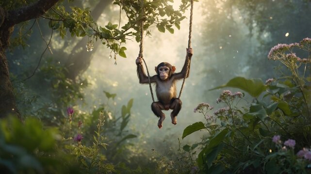 Young chimpanzee sitting on a rope swing in a misty jungle