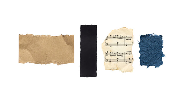 Set of four varied torn paper pieces including music sheet for creative projects and collages