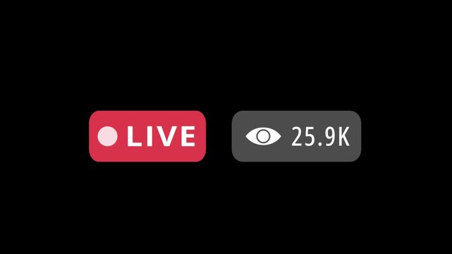 Animated live stream counter overlay with red live badge and rising viewer count isolated on black background. Ideal for social media videos, streaming layouts, and content creator motion graphics.