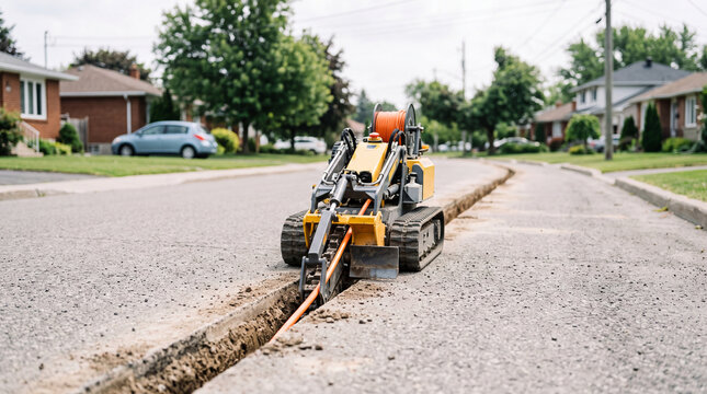 Remote trenching machine laying orange underground cable along suburban street during roadwork