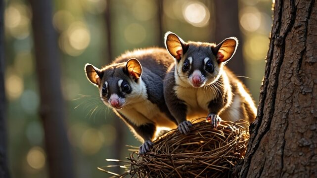Two sugar gliders sitting on a nest in a golden forest tree