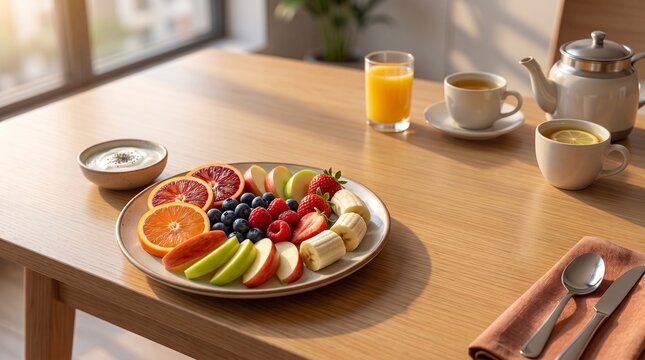 Healthy breakfast platter with sliced fresh fruits berries orange juice tea yogurt teapot on a wooden table