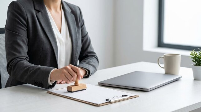 Professional Businesswoman in Gray Suit Stamping Official Paperwork on Clipboard at Minimalist White Office Desk