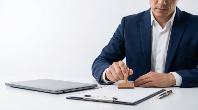 Businessman in Navy Blue Suit Stamping Official Paper on Clipboard at White Desk, Authorized Approval and Legal Certification Concept