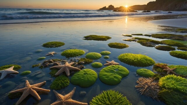 Starfish on sandy beach with green moss at golden sunset