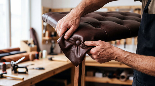Upholsterer restoring tufted leather bench seat in workshop with skilled hands and tools
