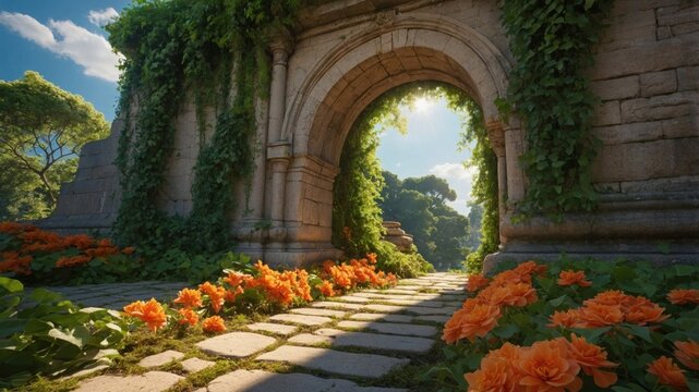 Ancient stone archway leading into a sunlit secret garden