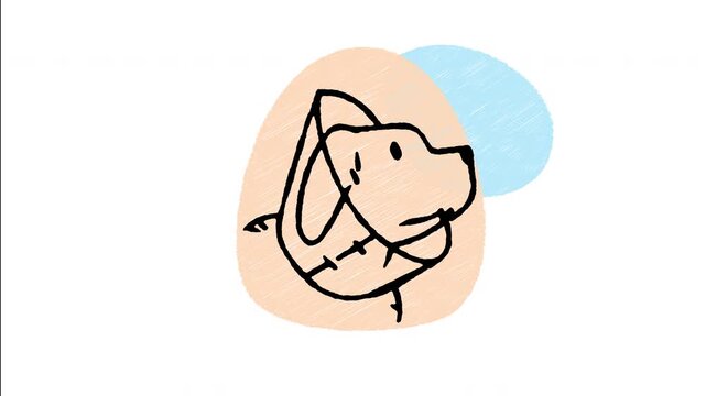 An animated hand-drawn dog wearing an Elizabethan protective cone collar. Great for veterinary clinics, post-surgery care, wound recovery, pet health, and medical treatment. 