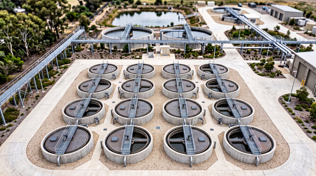 Aerial view of municipal wastewater treatment plant with circular clarifiers and industrial water recycling facility