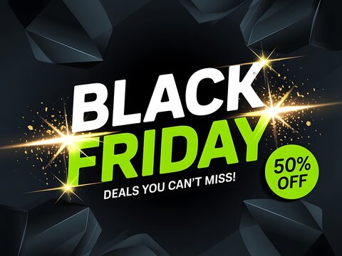 Black Friday sale promotional banner featuring green and white typography with bright golden light effects and abstract geometric shapes