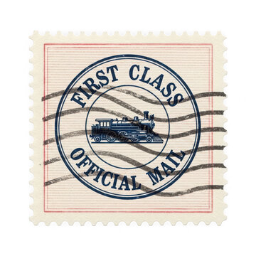Vintage first class official mail postage stamp with circular postmark ink lines