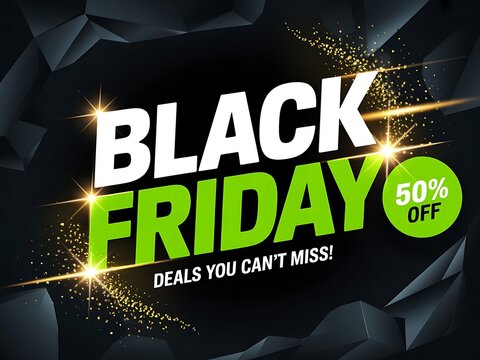 Black Friday sale banner with fifty percent discount offer and golden glowing light particles on abstract dark background