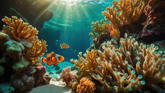 Clownfish swimming in a vibrant coral reef with sunbeams