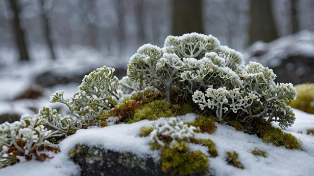 Frosted reindeer lichen and moss resting on a snowy rock